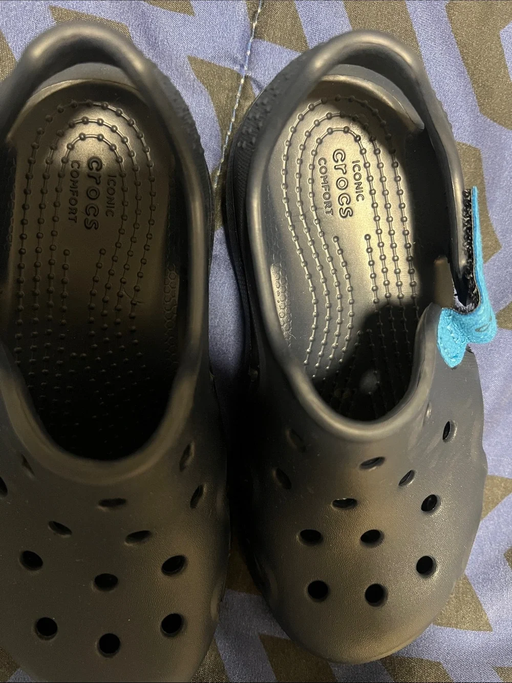 CROCS Kids Black Clogs with Blue Heel Straps